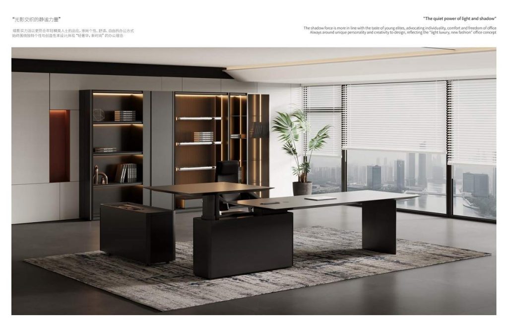 Electric height adjustable executive desk and leather reclining chair